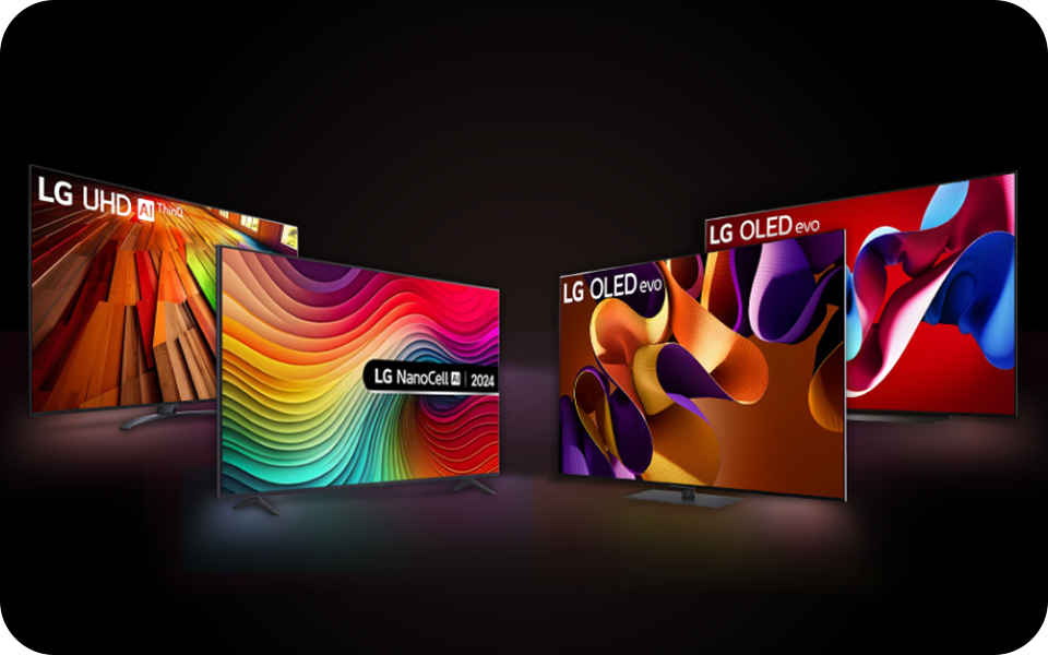 Neli erinevat värvi LG nutitelerit: OLED evo TV, OLED TV, LG UHD AI ja LG NANOCELL AI telerite mudelid koos kuvatud.