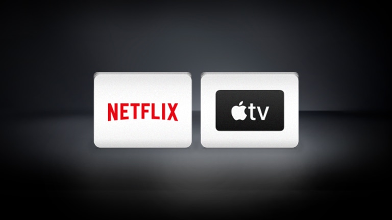 LG, Netflix, Disney+ and Apple TV channel logos arranged horizontally against a black background.