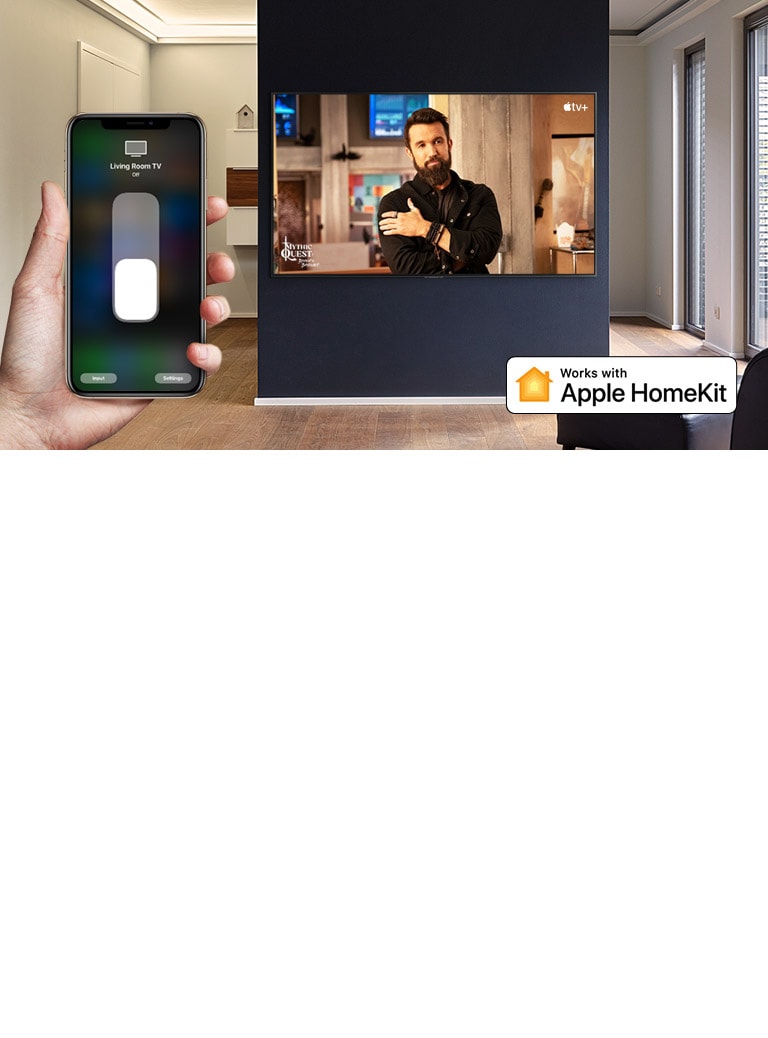 صورة من قرب ليد تتحكم في التلفزيون باستخدام جهاز  iPhone وتلفزيون يعرض محتوى Apple TV+
