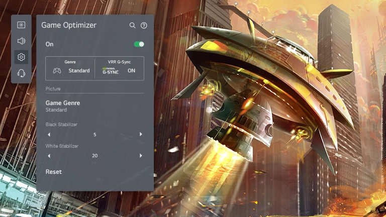 A TV screen showing a spaceship shooting at a city with the LG OLED Game Optimized GUI visible on the left while adjusting game settings.
