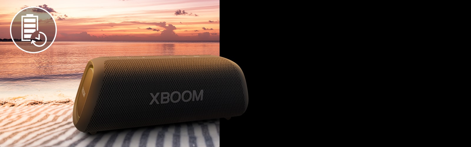 The speaker is placed on a beach towel. In front of the speaker, it shows sunset beach to illustrate that this speaker can be played up to 24 hours.