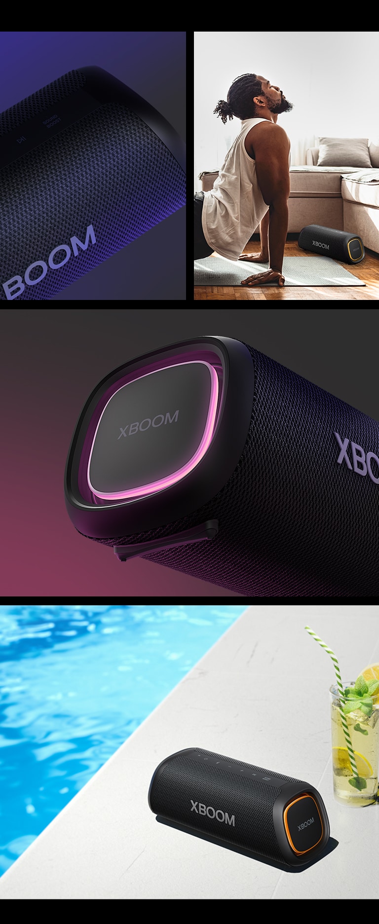 College. From left, close up view of LG XBOOM Go XG5. Next, an image of a man doing yoga, on top of the matt LG XBOOM Go XG5 is placed. On the right from top to bottom: close-up view of the speaker with pink lighting. The speaker with orange lighting and a lemonade are placed on the poolside.