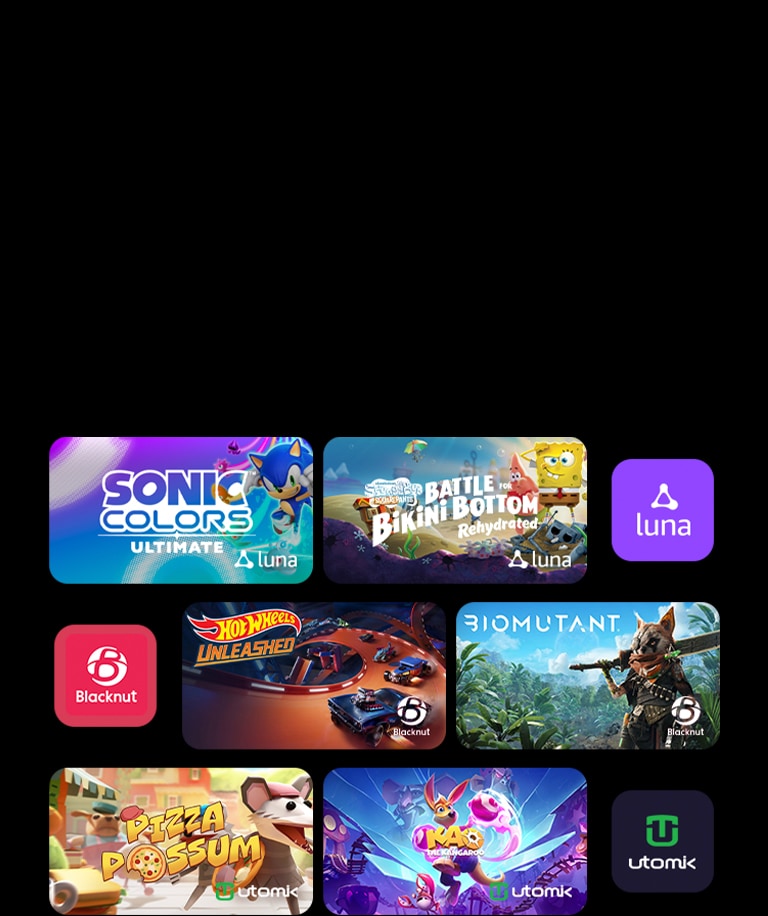 Exclusive game titles of 'Sonic Colors: Ultimate' and 'Play SpongeBob: Battle for Bikini Bottom - Rehydrated' from Luna, 'HOT WHEELS UNLEASHED' and 'BIOMUTANT' from Blacknut, 'Pizza Possum' and 'Kao the Kangaroo' from Utomik cloud gaming platforms are shown.