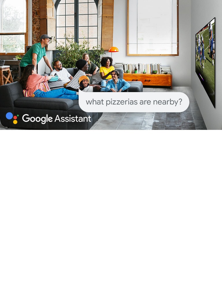 Woman watching football on TV with friends and asking the Google Assistant what pizzerias are nearby