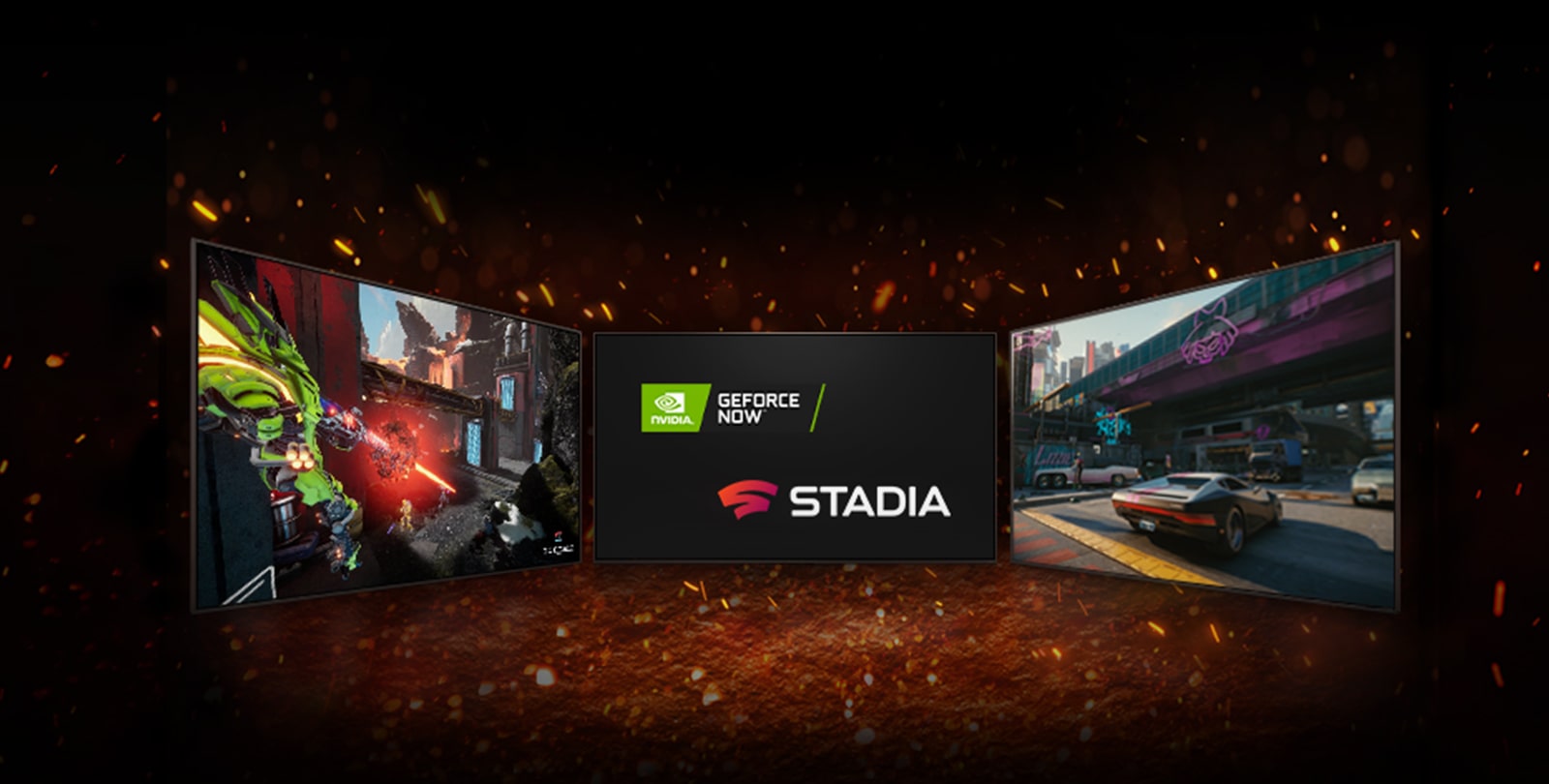 There are three TVs displayed. In the middle, the screen shows two logos placed in diagonal – logo of NVIDIA GeFORCE NOW and logo of STADIA. On left TV shows Splitgate and on right TV shows Cyberpunk 2077.