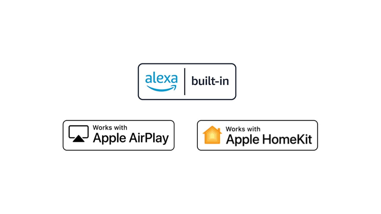 Details showing logos of alexa, Apple Airplay, and Apple HomeKit in which ThinQ AI is compatible with.