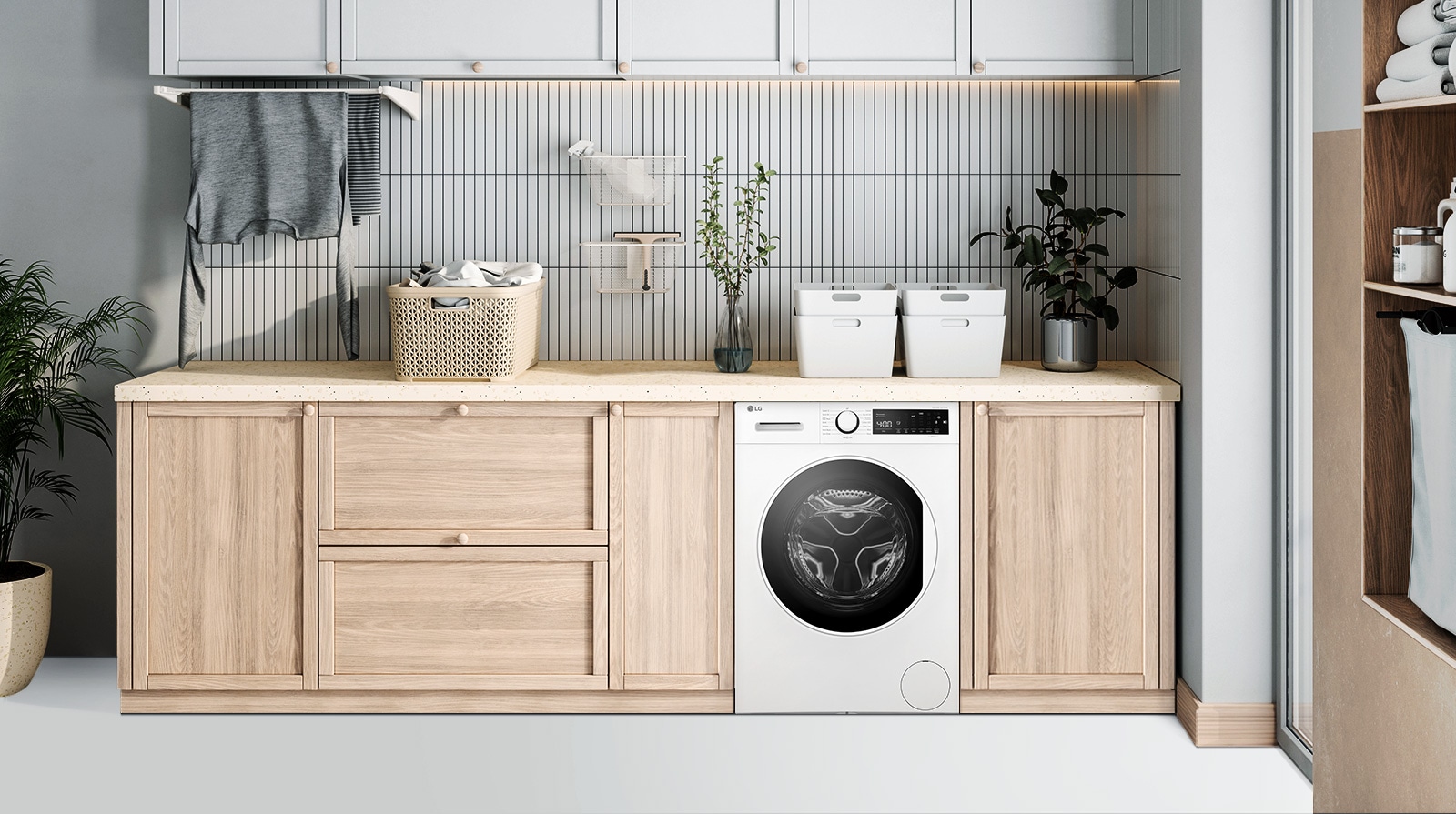 There is a washing machine in the kitchen interior