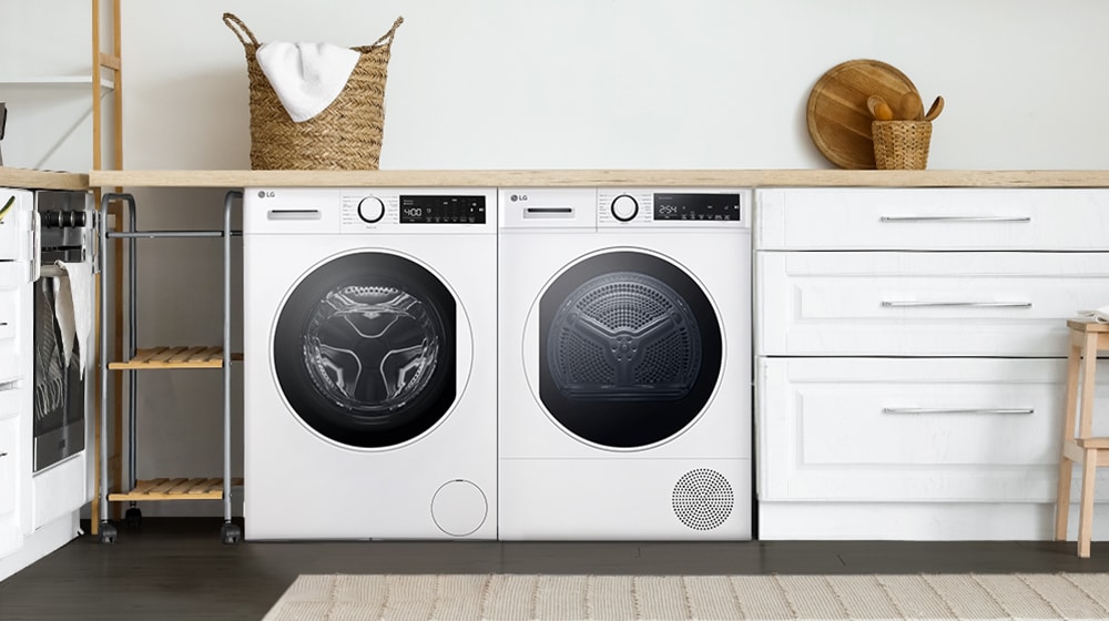 There is a washing machine and a dryer in the interior background