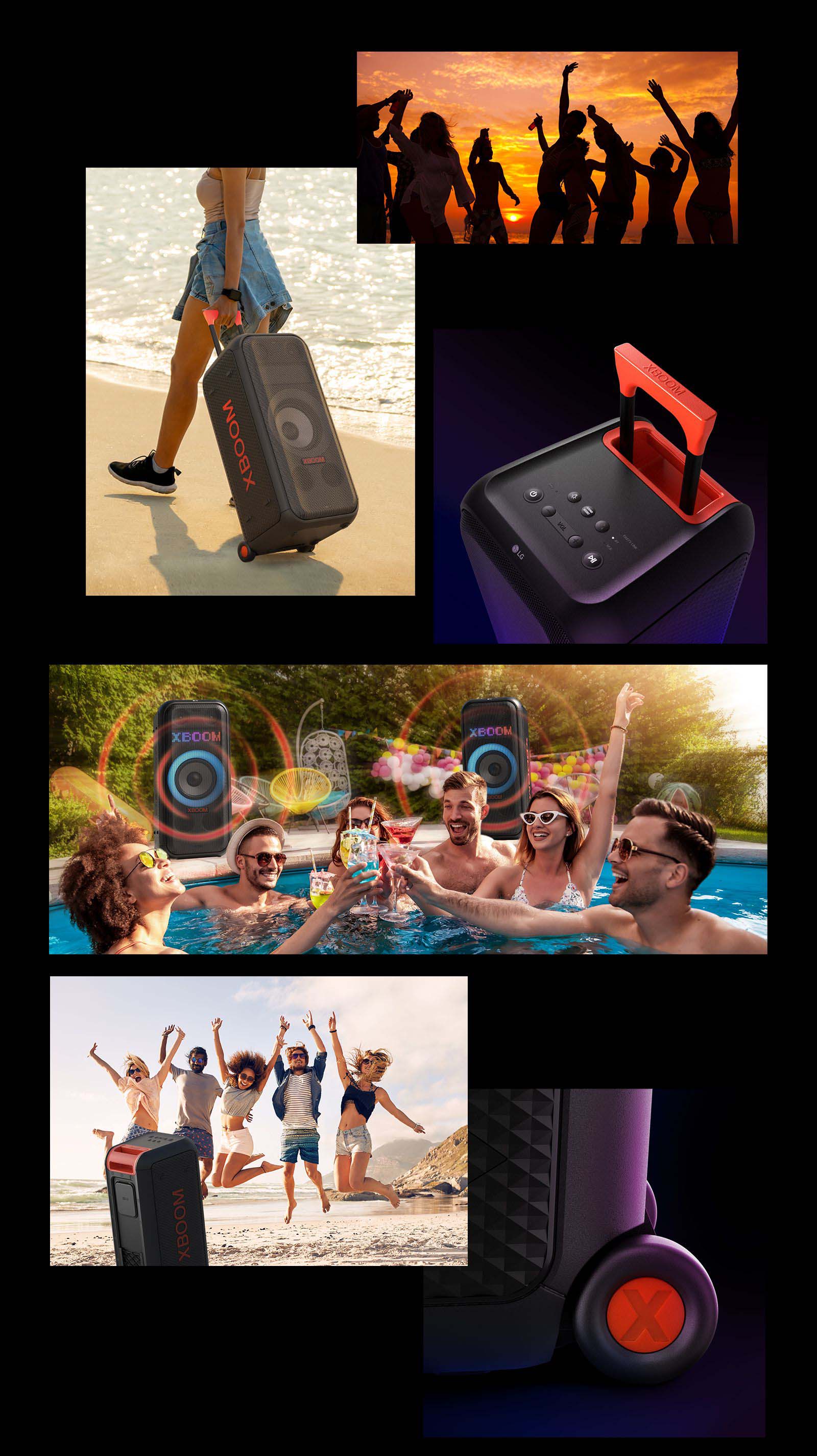 Illustrated images of LG XBOOM XL7S. From the top, shillouet of people, with the telescopic handle and wheels woman carrys the speaker easily. Top view of the speaker and telescopic handle. People are enjoying pool party, two LG XBOOM XL7S with sound graphics are placed behind. Back view of the speaker and people are juming on the beach, close-up of the wheel.