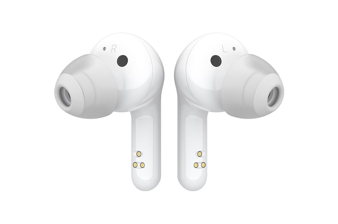 LG TONE Free FN6 True Wireless Bluetooth Earbuds with UVNano 99.9% Bacteria Free Wireless Charging Case, Wireless Headphones with Dual Microphones for Work/Home Office, IPX4 Water-Resistant, White, A front view of two earbuds' stems alligned next to each other, HBS-FN6, thumbnail 8