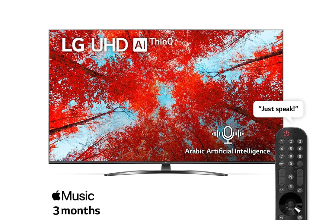 LG UHD 4K TV 65 Inch UQ9100 Series, Cinema Screen Design 4K Active HDR WebOS Smart AI ThinQ, A front view of the LG UHD TV with infill image and product logo on, 65UQ91006LC