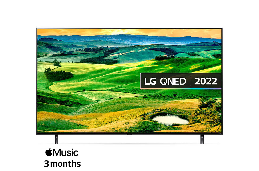 LG Real 4K Quantum Dot NanoCell Colour Technology LED TV 55 Inch QNED80 Series, Cinema Screen Design 4K Cinema HDR WebOS Smart AI ThinQ Local Dimming , A front view of the LG QNED TV with infill image and product logo on, 55QNED806QA