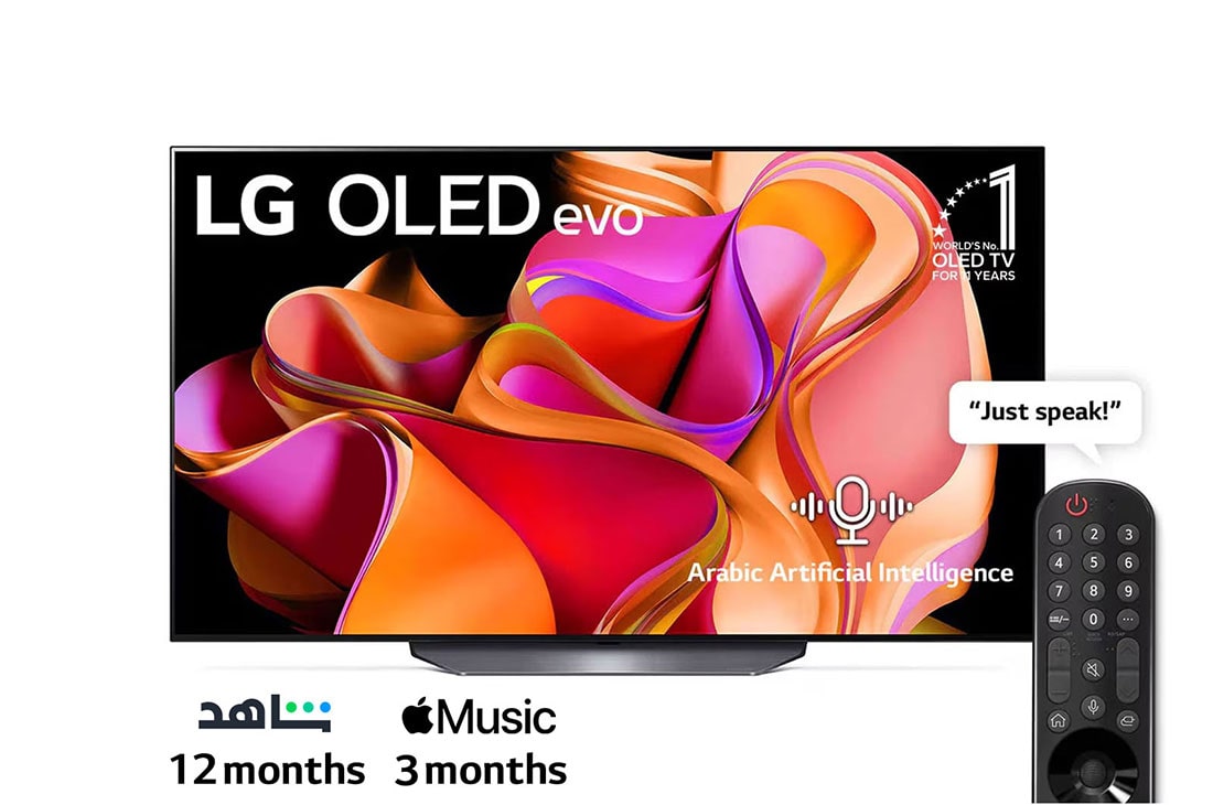 LG, OLED evo TV, 65 inch CS3 series, WebOS Smart AI ThinQ, Magic Remote, 4 side cinema, Dolby Vision HDR10, HLG, AI Picture Pro, AI Sound Pro (9.1.2ch), Dolby Atmos, 1 pole stand, 2023 New, Front view with LG OLED evo and 10 Years World No.1 OLED Emblem on screen., OLED65CS3VA
