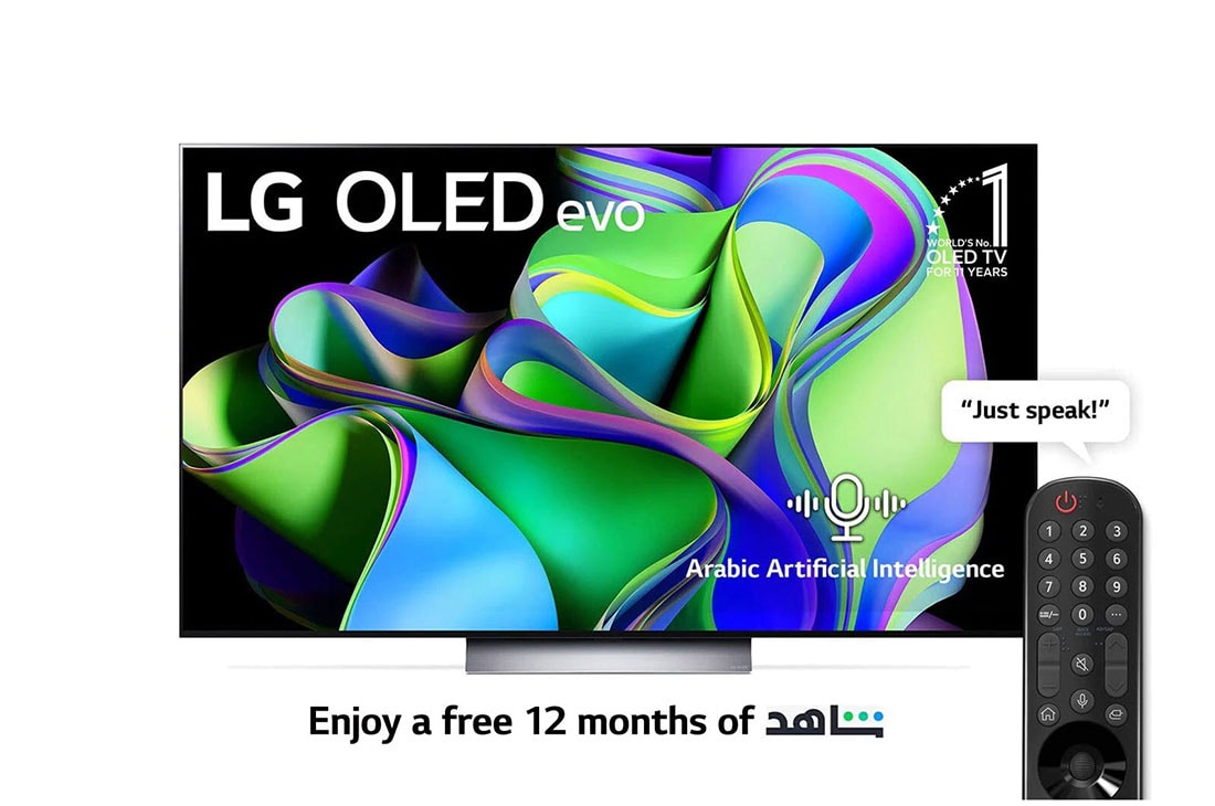 LG, OLED evo TV, 77 inch C3 series, WebOS Smart AI ThinQ, Magic Remote, 4 side cinema, Dolby Vision HDR10, HLG, AI Picture Pro, AI Sound Pro (9.1.2ch), Dolby Atmos, 1 pole stand, 2023 New, Front view with LG OLED evo and 11 Years World No.1 OLED Emblem on screen., OLED77C36LA