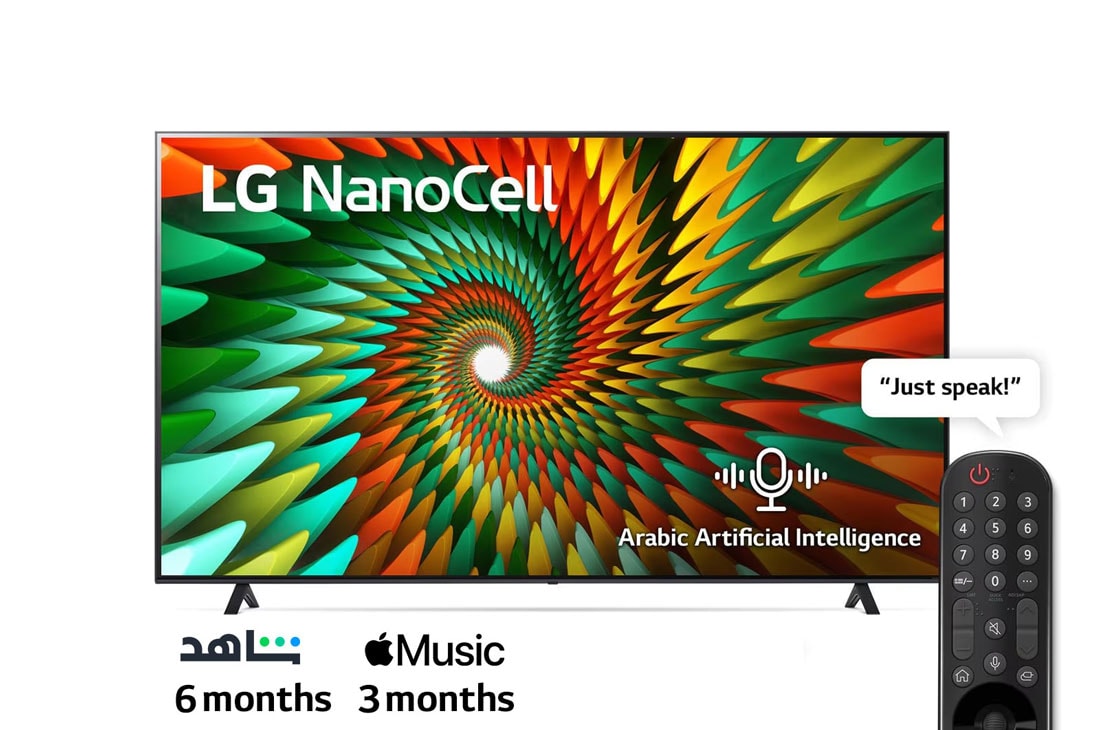 LG, Nanocell TV, 65 inch NANO77R series, WebOS Smart AI ThinQ, Magic Remote, 3 side cinema, HDR10, HLG, AI Sound Pro (5.1.2ch), 2 Pole stand, 2023 New, A front view of the LG NanoCell TV, 65NANO776RA