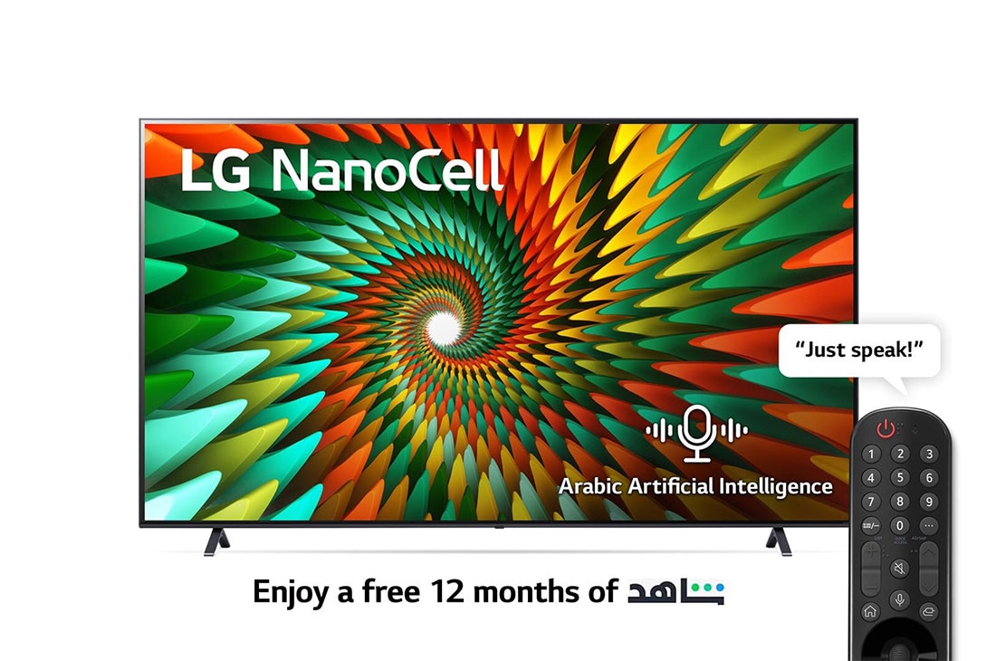 LG, Nanocell TV, 86 inch NANO77R series, WebOS Smart AI ThinQ, Magic Remote, 3 side cinema, HDR10, HLG, AI Sound Pro (5.1.2ch), 2 Pole stand, 2023 New, A front view of the LG NanoCell TV, 86NANO776RA