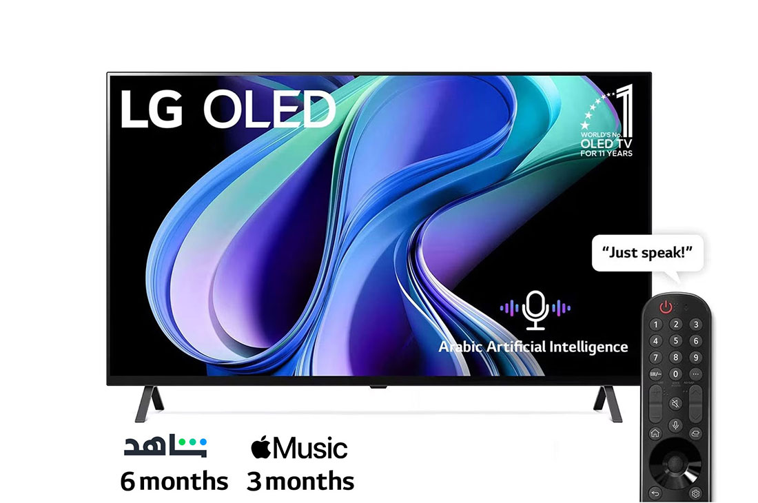 LG, OLED TV, 55 inch A3 series, WebOS Smart AI ThinQ, Magic Remote, 4 side Cinema, Dolby Vision HDR10, HLG, AI Picture Pro, AI Sound Pro (5.1.2ch), Dolby Atmos, 2 Pole stand, 2023 New, Front view with LG OLED and 11 Years World No.1 OLED Emblem., OLED55A36LA