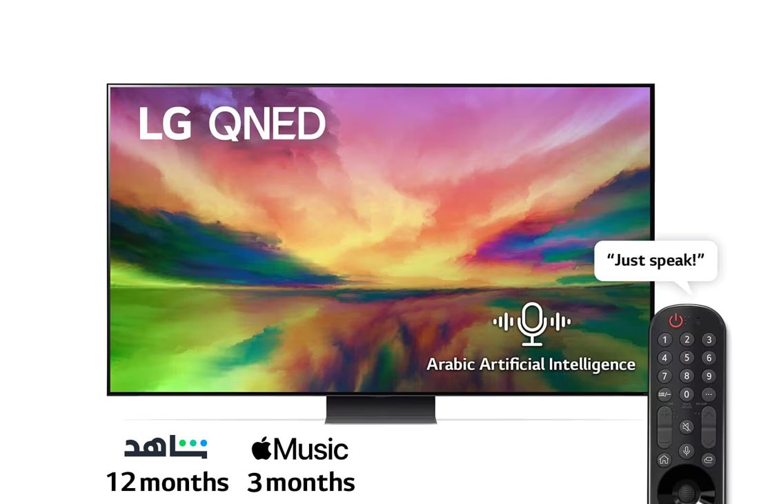 LG, Quantum Dot Nanocell Colour Technology QNED TV, 86 inch QNED81R series, WebOS Smart AI ThinQ, Magic Remote, 3 side cinema, HDR10, HLG, AI Picture Pro, AI Sound Pro (5.1.2ch), 1 pole stand, 2023 New, A front view of the LG QNED TV with infill image and product logo on, 86QNED816RA