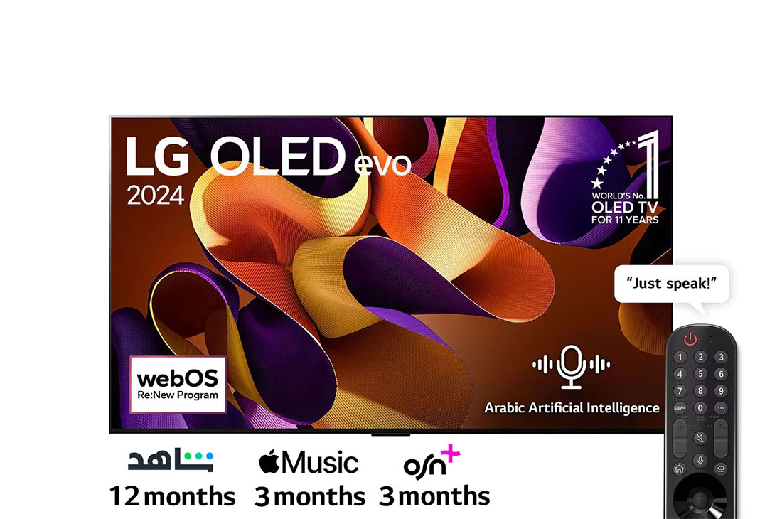 LG 77 Inch LG OLED evo AI G4 4K Smart TV AI Magic remote Dolby Vision webOS24 - OLED77G46LA (2024), Front view with LG OLED evo AI TV, OLED G4, 11 Years of world number 1 OLED Emblem and webOS Re:New Program logo on screen, as well as the Soundbar below, OLED77G46LA