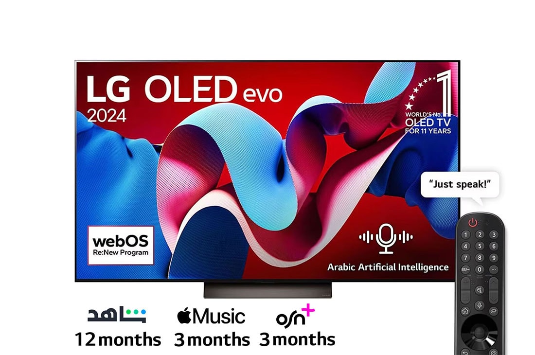 LG 77 Inch LG OLED evo AI C4 4K Smart TV AI Magic remote Dolby Vision webOS24 - OLED77C46LA (2024), Front view with LG OLED evo AI TV, OLED C4, 11 Years of world number 1 OLED Emblem logo and webOS Re:New Program logo on screen, as well as the Soundbar below, OLED77C46LA