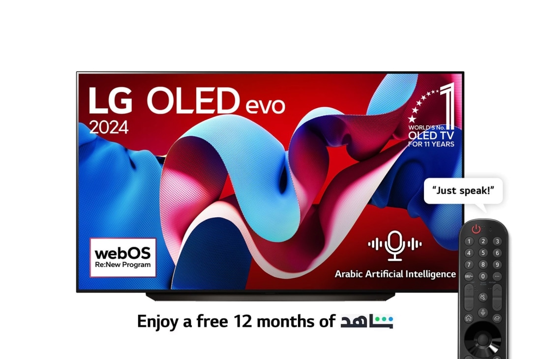 LG 83 Inch LG OLED evo C4 4K Smart TV AI Magic remote Dolby Vision webOS24 - OLED83C46LA (2024), Front view with LG OLED evo TV, OLED C4, 11 Years of world number 1 OLED Emblem logo and webOS Re:New Program logo on screen, OLED83C46LA