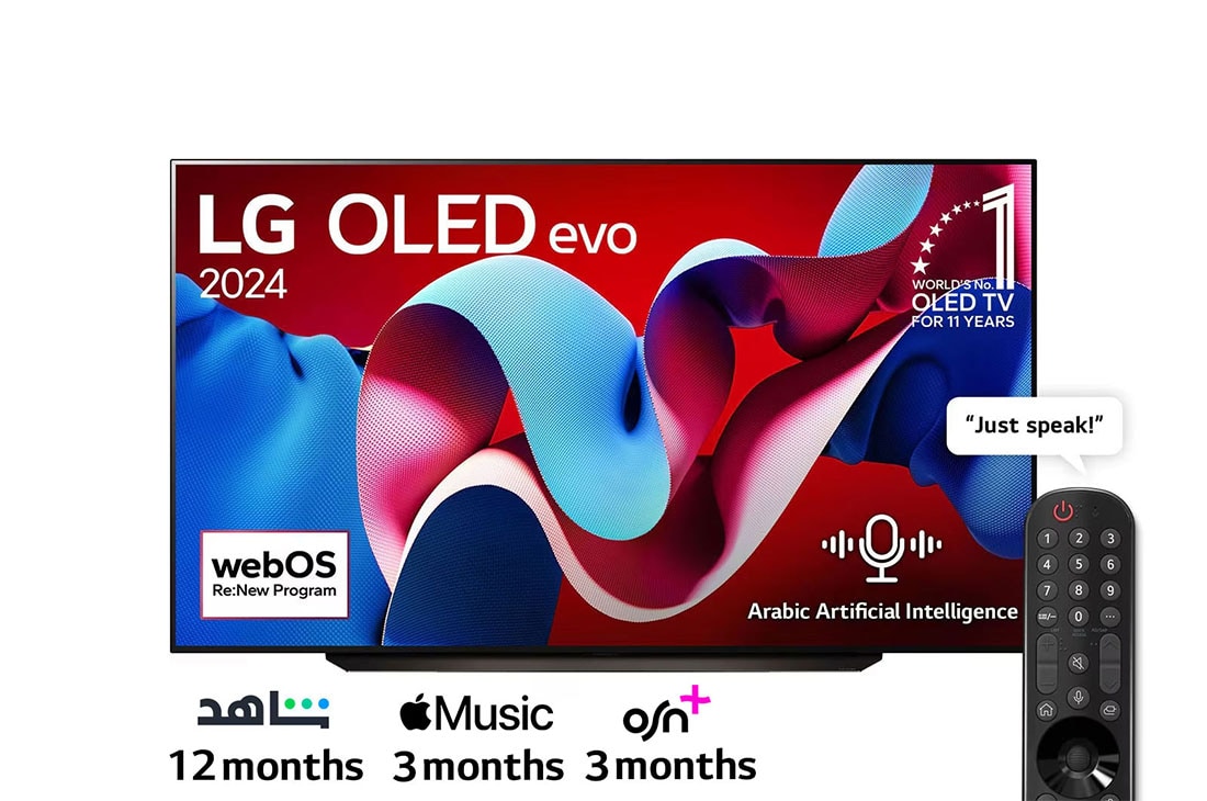 LG 83 Inch LG OLED evo AI C4 4K Smart TV AI Magic remote Dolby Vision webOS24 - OLED83C46LA (2024), Front view with LG OLED evo AI TV, OLED C4, 11 Years of world number 1 OLED Emblem and webOS Re:New Program logo on screen, OLED83C46LA