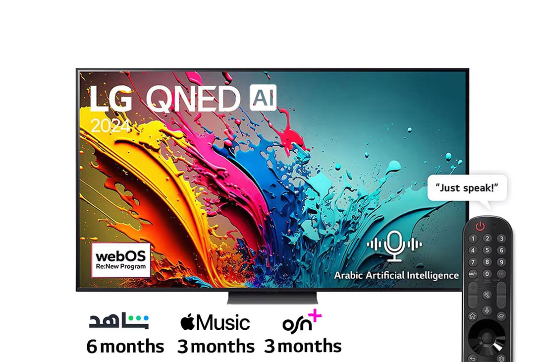 LG 65 Inch LG QNED AI QNED86 4K Smart TV AI Magic remote HDR10 webOS24 - 65QNED86T6A (2024),  Front view of LG QNED TV, QNED86 with text of LG QNED AI, 2024, and webOS Re:New Program logo on screen, 65QNED86T6A