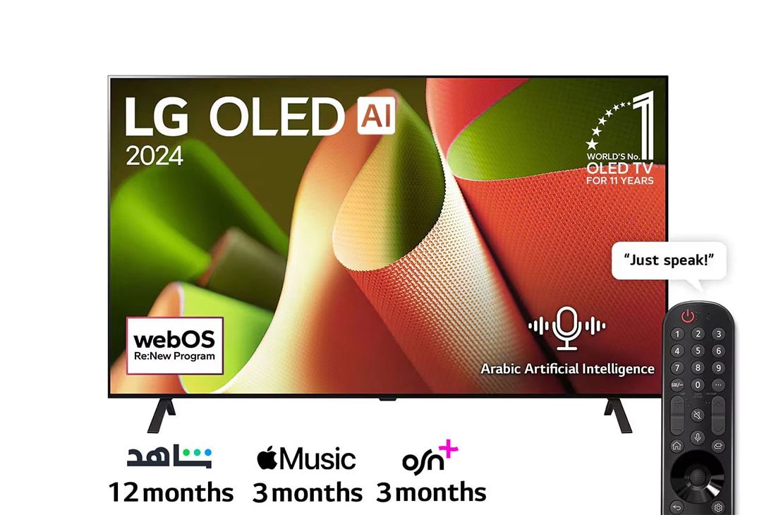 LG 77 Inch LG OLED AI B4 4K Smart TV AI Magic remote Dolby Vision webOS24 - OLED77B46LA (2024), Front view with LG OLED AI TV, OLED B4, 11 Years of world number 1 OLED Emblem and webOS Re:New Program logo on screen with 2-pole stand, OLED77B46LA