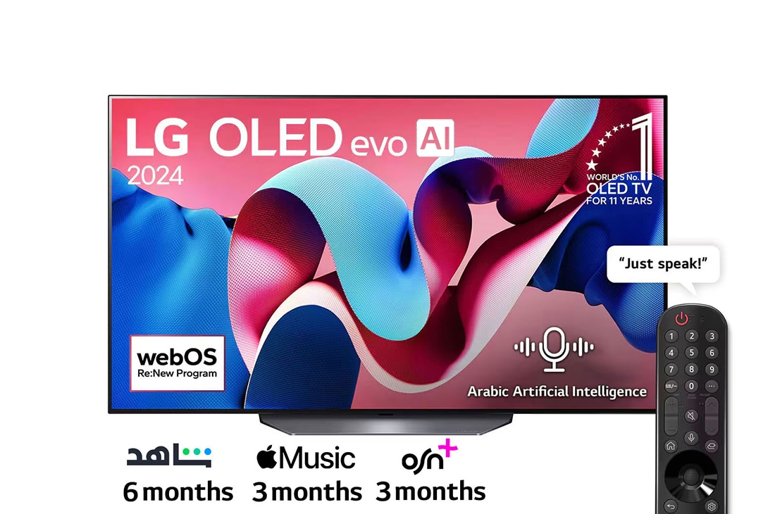 LG 55 Inch LG OLED AI CS4 4K Smart TV AI Magic remote Dolby Vision webOS24 - OLED55CS4VA (2024), Front view with LG OLED evo AI TV, OLED CS4, 11 Years of world number 1 OLED Emblem and webOS Re:New Program logo on screen, OLED55CS4VA