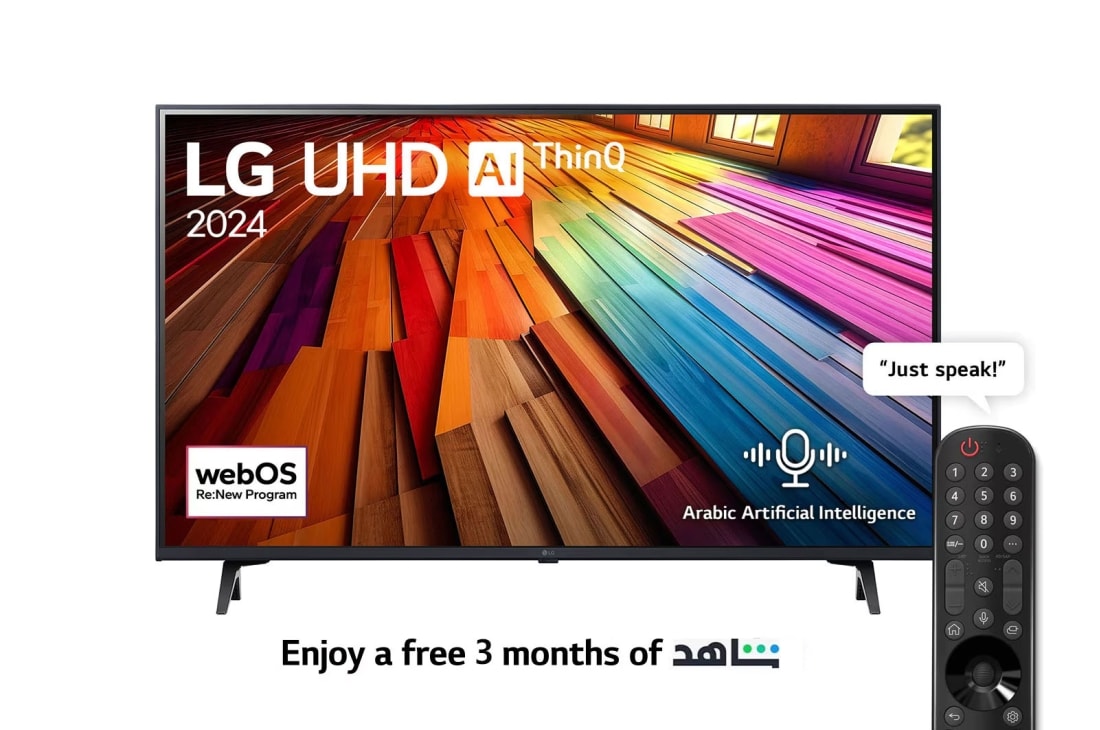 LG 43 Inch LG UHD UT80 4K Smart TV AI Magic remote HDR10 webOS24 - 43UT80006LA (2024), Front view of LG UHD TV, UT80 with text of LG UHD AI ThinQ, 2024, and webOS Re:New Program logo on screen, 43UT80006LA