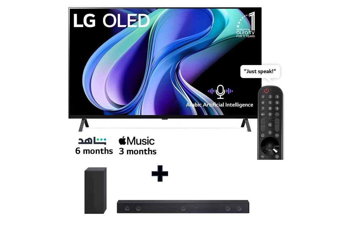 LG, OLED TV, 65 inch A3 series, WebOS Smart AI ThinQ, Magic Remote, 4 side Cinema, Dolby Vision HDR10, HLG, AI Picture Pro, AI Sound Pro (5.1.2ch), Dolby Atmos, 2 Pole stand, 2023 New + LG Soundbar SH7Q, Bundel view, O65A3.SH7Q