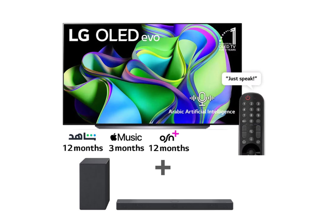 LG, OLED evo TV, 83 inch C3 series, WebOS Smart AI ThinQ, Magic Remote, 4 side cinema, Dolby Vision HDR10, HLG, AI Picture Pro, AI Sound Pro (9.1.2ch), Dolby Atmos, 1 pole stand, 2023 New + LG Soundbar SC9S, bundle image, OLED83C3.SC9S