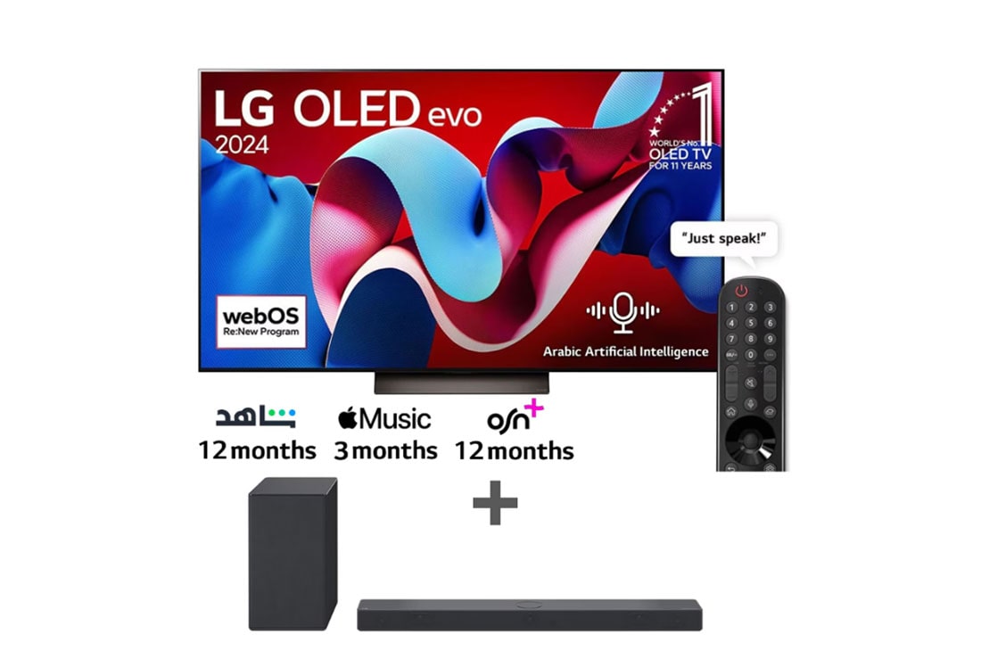 LG 77 Inch LG OLED evo AI C4 4K Smart TV AI Magic remote Dolby Vision webOS24 - OLED77C46LA (2024) + LG Soundbar SC9S, bundle image front view, 77C4.SC9S