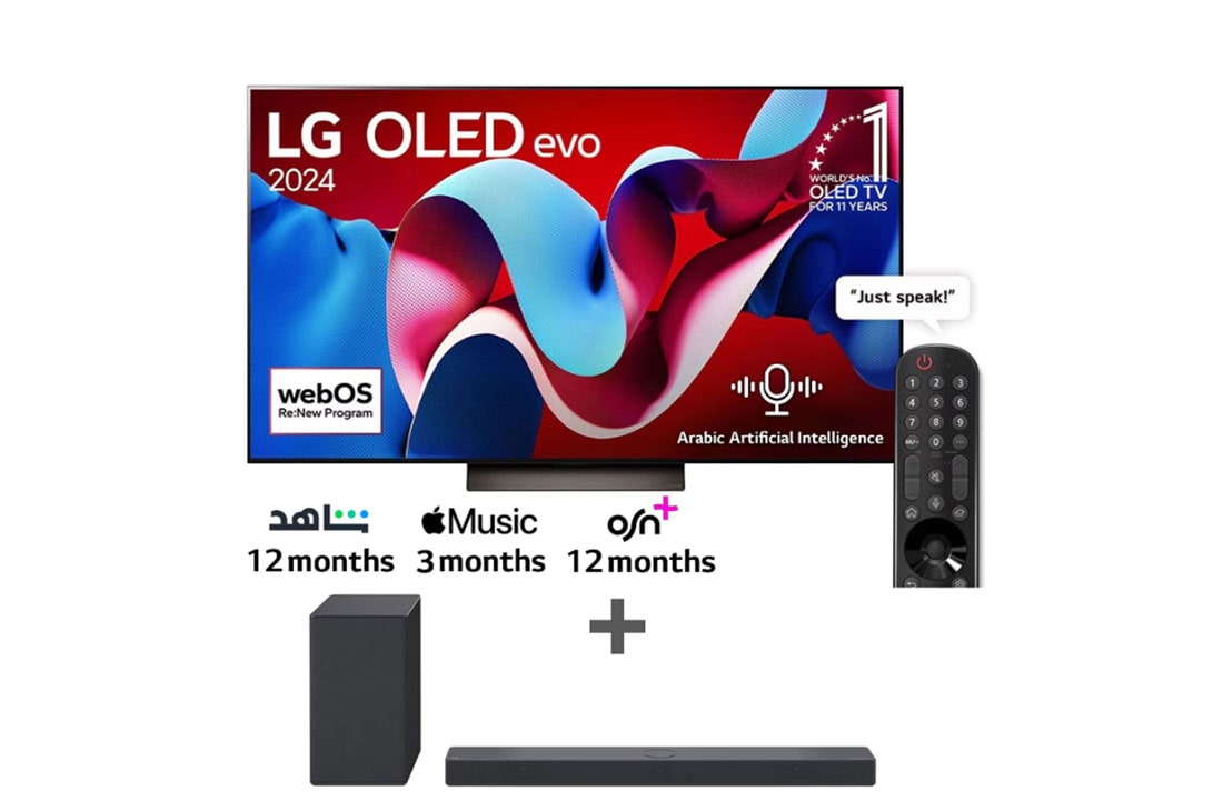 LG 77 Inch LG OLED evo AI C4 4K Smart TV AI Magic remote Dolby Vision webOS24 - OLED77C46LA (2024) + LG Soundbar SC9S, bundle image front view, O77C4.SC9S