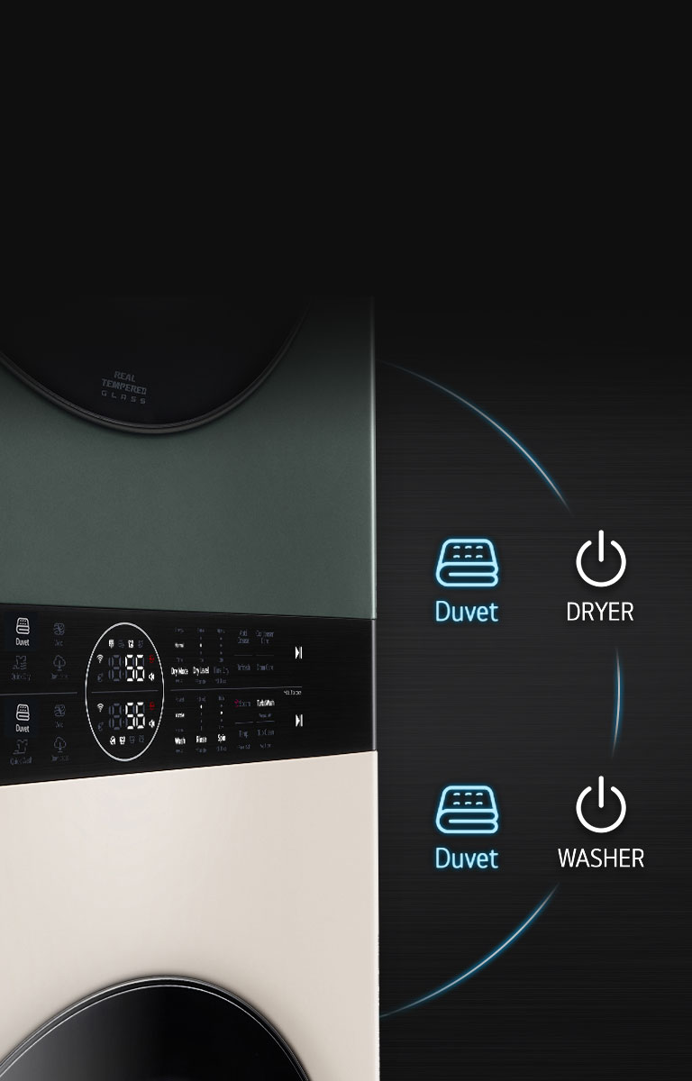 This is an image of the product panel. Dryer's Duvet button and Washer's Duvet button are highlighted.