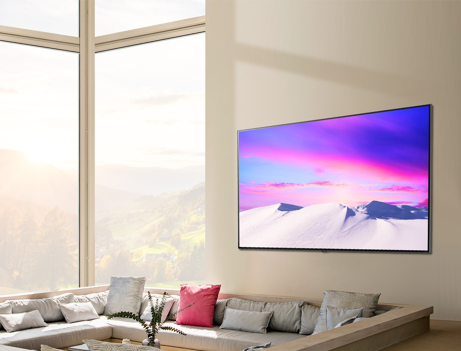 Una escena muestra el LG NanoCell TV, grande y delgado, colgado en posición horizontal contra la pared.
