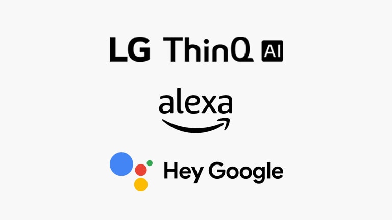 Esta tarjeta describe las órdenes de voz.Se han colocado los logotipos de LG ThinQ AI, Hey Google y Amazon Alexa.