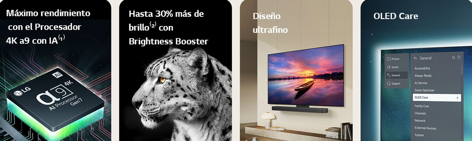 Alpha 9 AI Processor 4K de LG sobre una placa base que emite rayos de luz verdes.   Brightness Booster con una imagen lateral de un leopardo blanco.  Diseño ultrafino y LG Soundbar montados planos contra la pared en un salón moderno.  El televisor OLED con el menú OLED Care se selecciona en el menú de soporte que aparece en la pantalla.