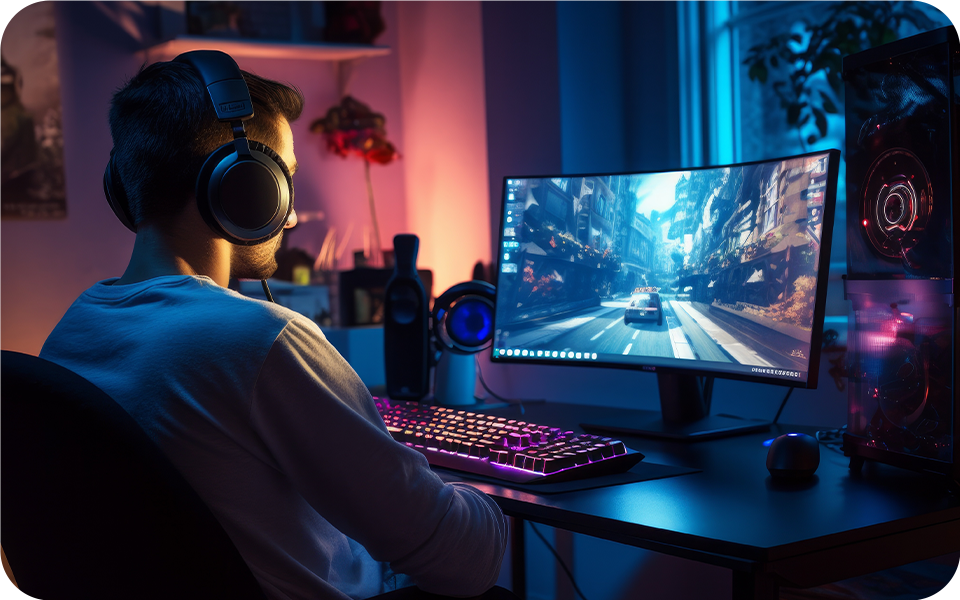 Hombre con auriculares jugando un videojuego en su monitor curvo 4k, completamente absorto en el mundo digital.