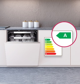 Integroitu astianpesukone osittain avatulla luukulla ja A-luokan energiatehokkuusmerkinnällä.