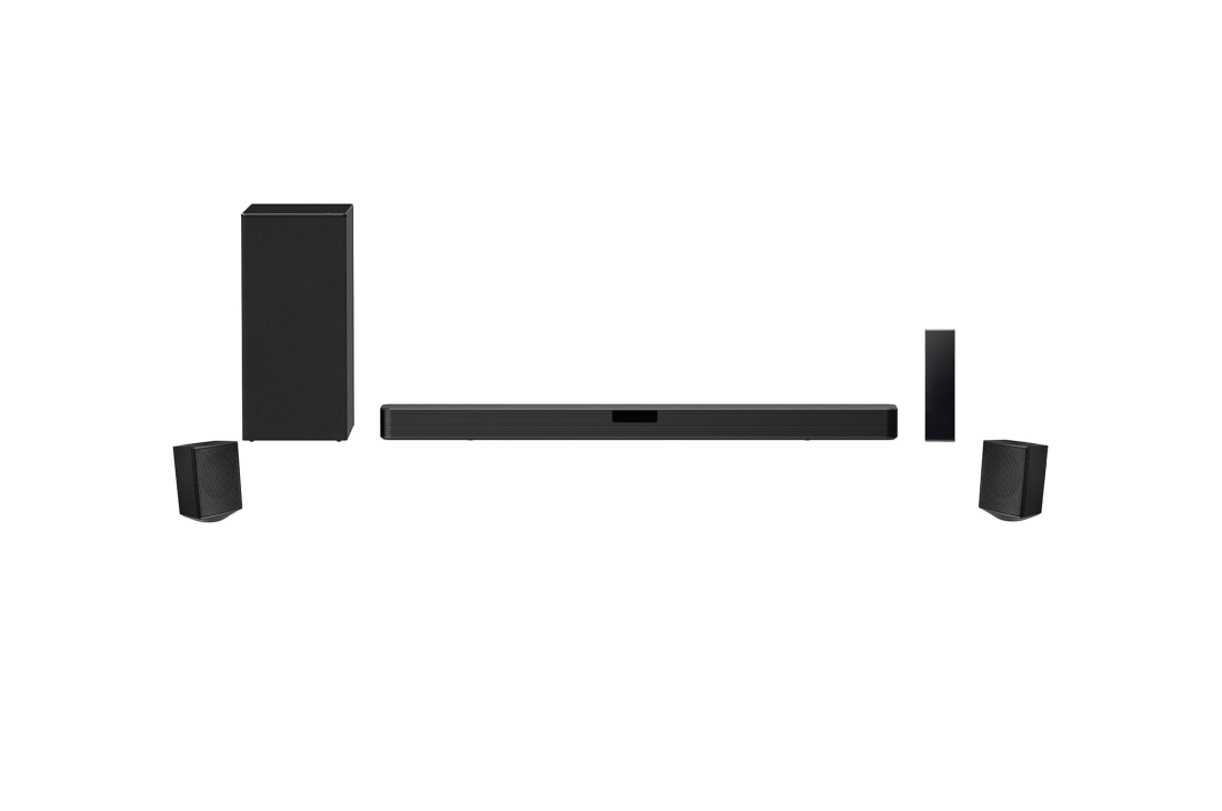 LG Sound Bar SN5, kuvassa subwoofer ja takakaiutin edestäpäin, SN5