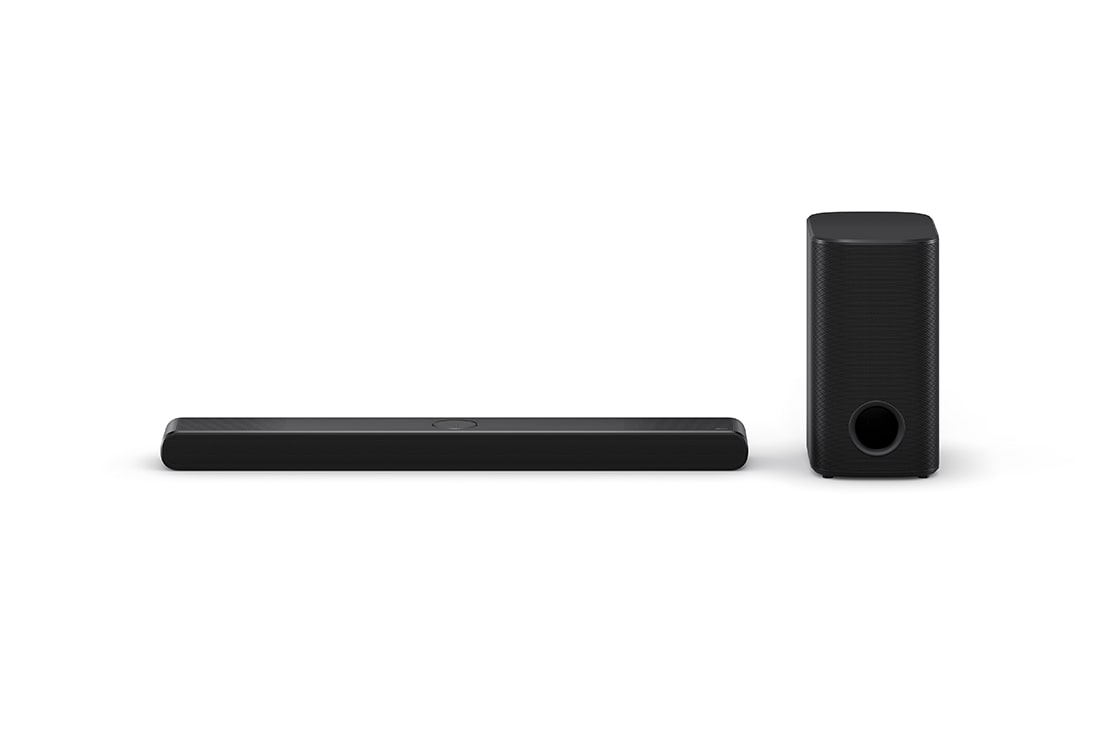 LG Soundbar TV:hen Dolby Atmos 3.1.3 kanavainen NS77TY, Edestä otettu kuva LG Soundbar S77TY:stä ja subwooferista, NS77TY