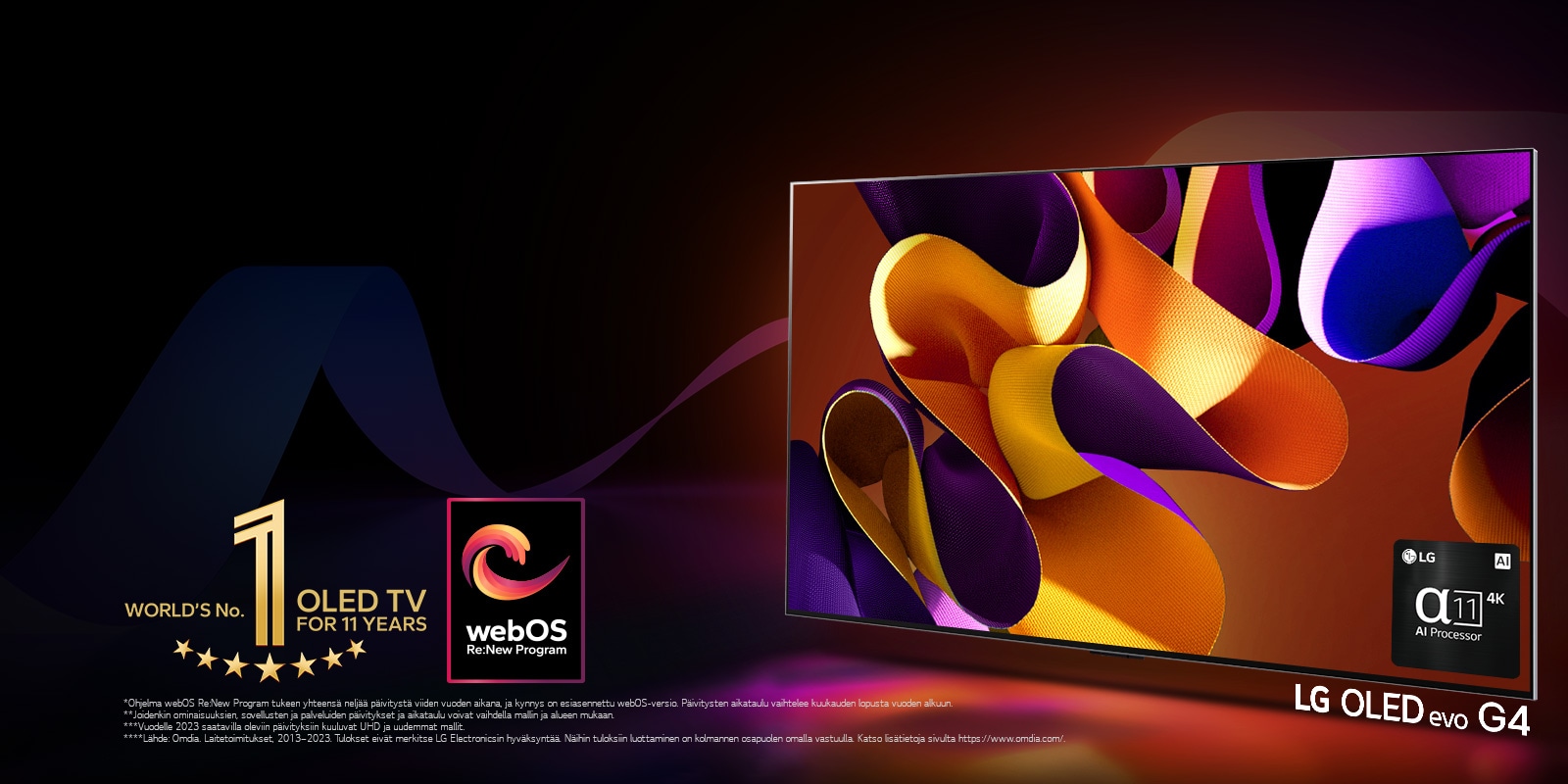 LG OLED evo TV G4, jonka näytöllä on abstrakti, värikäs taideteos mustaa taustaa vasten, jossa on hienovaraisia väripyörteitä. Näytöstä säteilee valoa luoden värikkäitä varjoja. Alpha 11 AI Processor 4K televisioruudun oikeassa alakulmassa. Kuvassa on "World's number 1 OLED TV for 11 Years" (Maailman ykkönen OLED TV 11 vuoden ajan) -tunnus ja "webOS Re:New Program" -logo. Vastuuvapauslausekkeessa lukee: ”Ohjelma webOS Re:New Program tukee yhteensä neljää päivitystä viiden vuoden aikana, ja kynnys on esiasennettu webOS-versio. Päivitysten aikataulu vaihtelee kuukauden lopusta vuoden alkuun.”  ”Joidenkin ominaisuuksien, sovellusten ja palveluiden päivitykset ja aikataulu voivat vaihdella mallin ja alueen mukaan.”  ”Vuodelle 2023 saatavilla oleviin päivityksiin kuuluvat UHD ja uudemmat mallit.” ”Lähde: Omdia. Laitetoimitukset, 2013–2023. Tulokset eivät merkitse LG Electronicsin hyväksyntää. Näihin tuloksiin luottaminen on kolmannen osapuolen omalla vastuulla. Katso lisätietoja sivulta https://www.omdia.com/.”