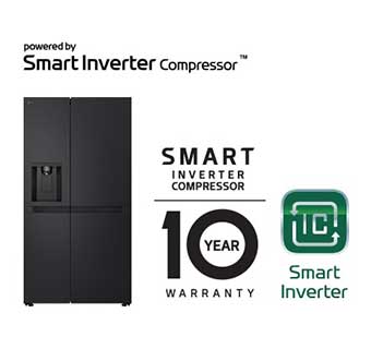 Tuotekuva, jossa on Smart Inverter Compressor™ -logo ja 10 vuoden takuu -logo.