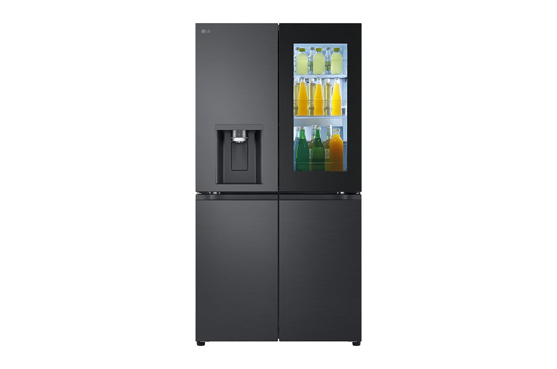 LG 638L InstaView French Door (Essence Black) - Energialuokka E, Vesi/jää ilman vesijohtoliitäntää, Smart Diagnosis™ ja Wi-Fi, doorsopen with food , GMG960EVJE