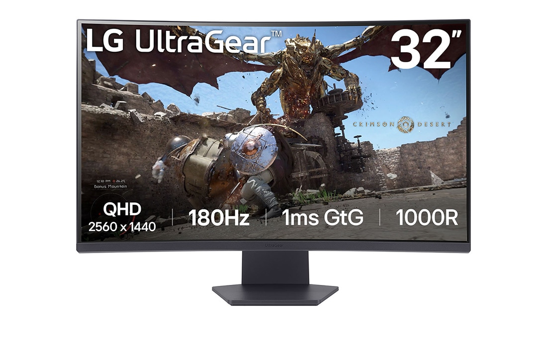 LG 32 tuuman UltraGear™ 1000R kaareva pelinäyttö | QHD, 1ms (GtG), 180Hz, kuva edestä, 32GS60QC-B