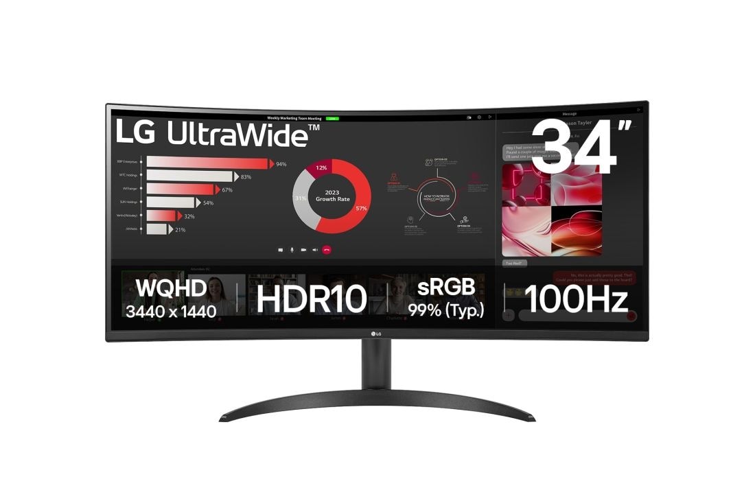 LG 34'' UltraWide™ QHD+ Curved -näyttö, kuva edestä, 34WR50QK-B