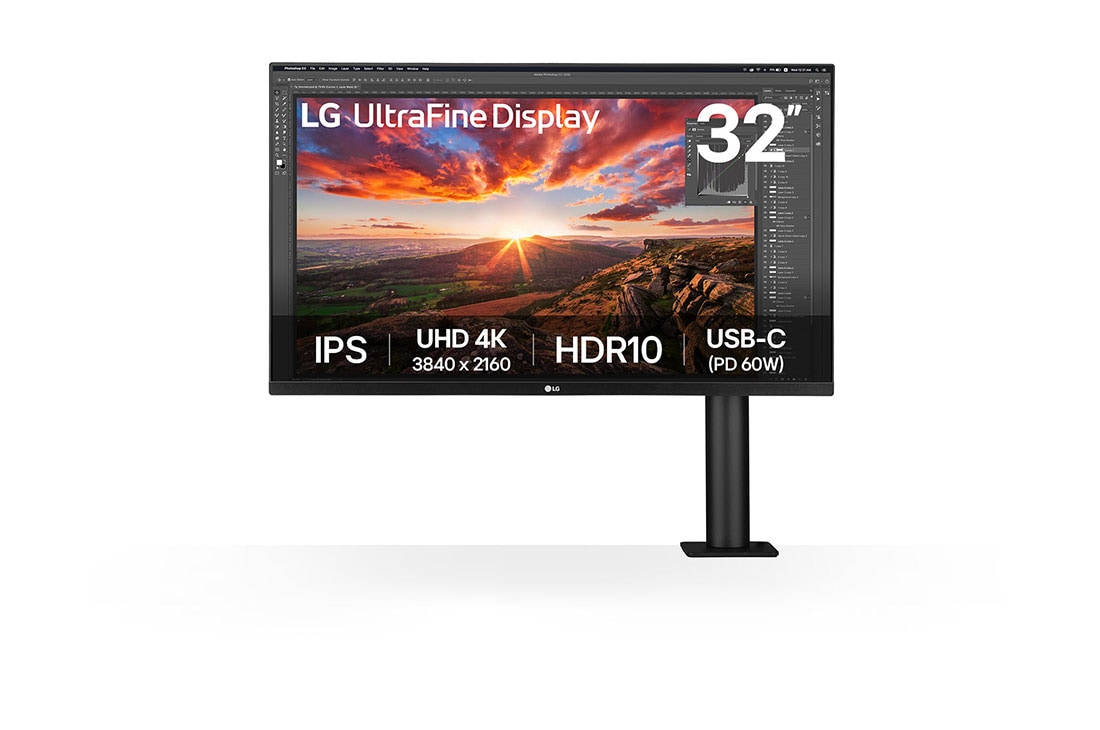 LG 31,5 tuuman UHD 4K Ergo IPS -näyttö, jossa USB-C, kuva edestä, näytön varsi oikealla, 32UN880K-B