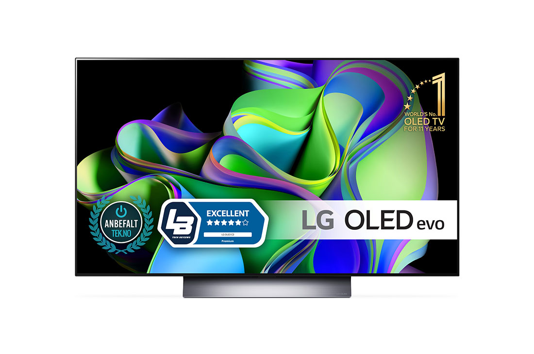 LG 48'' OLED evo C3 - 4K TV (2023), Näkymä edestä: LG OLED evo ja näytöllä 11 Years World No.1 OLED -merkki., OLED48C34LA