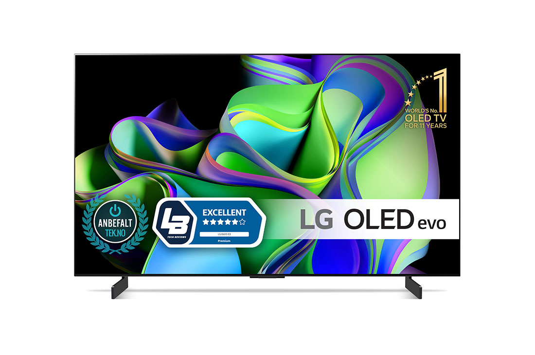 LG 42'' OLED evo C3 - 4K TV (2023), Näkymä edestä: LG OLED evo ja näytöllä 11 Years World No.1 OLED -merkki., OLED42C34LA